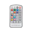 Remote control for par can lighting featuring multi-colour buttons, mode options, speed controls and on/off functions, photographed on a clean white background.