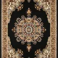 Black Persian rug with intricate gold and ivory traditional pattern