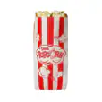 A red and white popcorn bag on a white background, available for Popcorn Machine Hire - Package 2 (100 Serves).