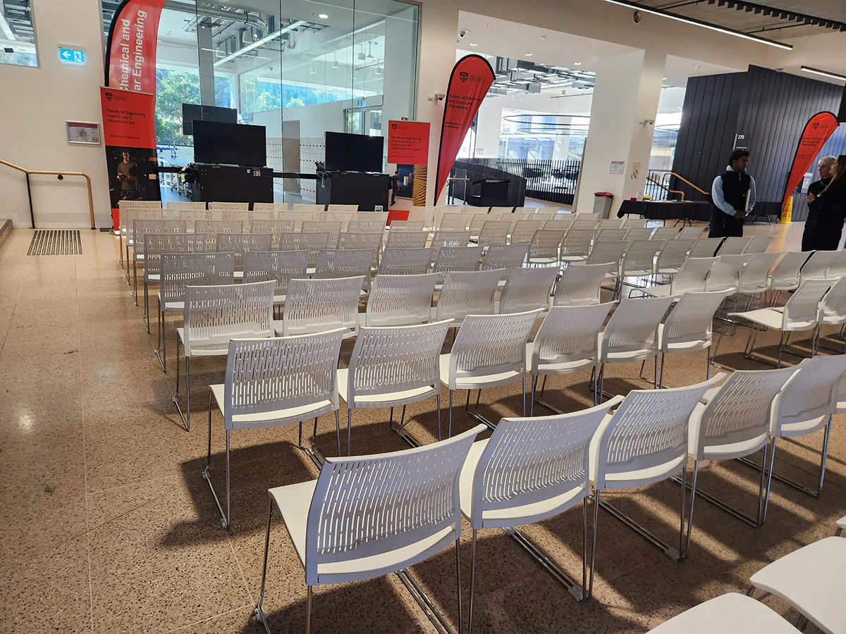 Premium white conference chairs hired for an indoor conference