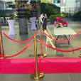A luxurious red carpet with gold ropes elegantly placed in front of a table.