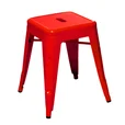 Bright red Tolix cafe stool in pressed steel with a square seat and tapered legs, a low 45cm stool shown against a plain background.