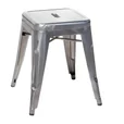 Silver Tolix cafe stool in powder-coated metal with a square seat and tapered legs, a low 45cm stool shown against a plain background.