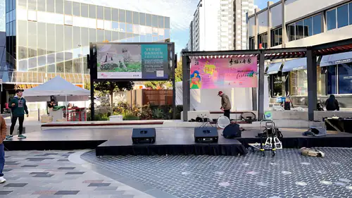 An outdoor stage set up for a music event