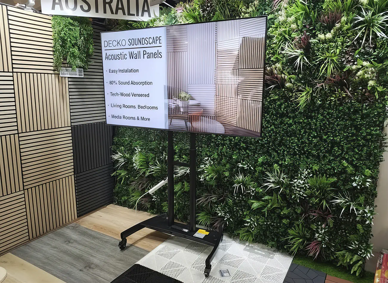 TV hire display screen on a stand inside an exhibition booth with acoustic wall panels, greenery backdrop and branded signage for a trade show display