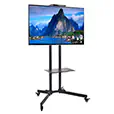 Mobile TV hire display screen mounted on a wheeled stand with adjustable height, shelf platform and sturdy base, suitable for events, presentations and exhibitions