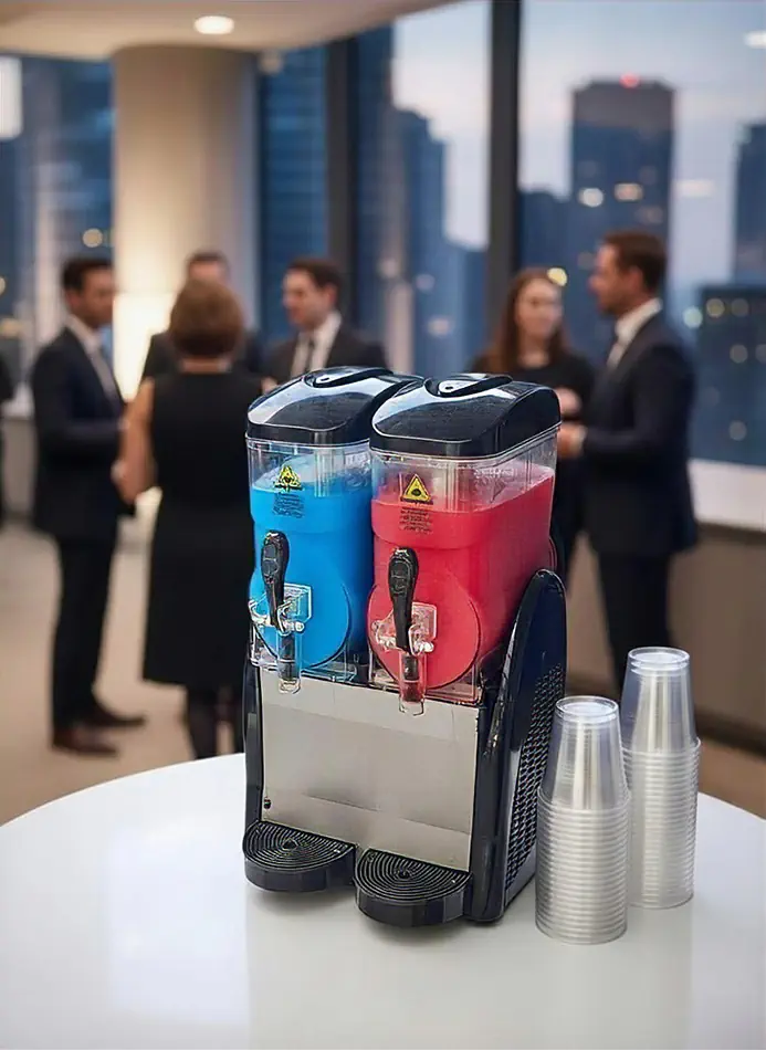 Twin bowl frozen drink machine with blue and red beverages displayed at a corporate event with serving cups nearby