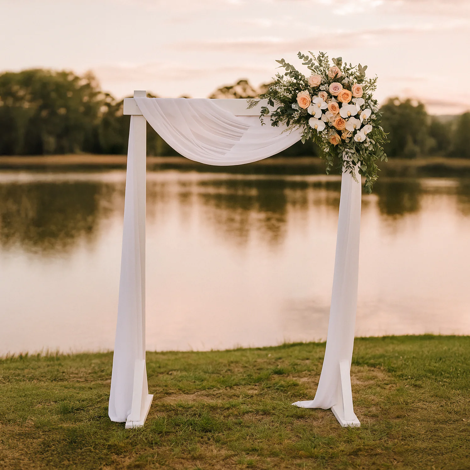 White wooden arbor styled with flowing white drapes and peach-toned roses, positioned by a lakeside at sunset for an elegant wedding ceremony backdrop.