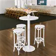 White bentwood bar stools arranged around a tapas table at a cocktail party event