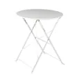 White round bistro table with a folding metal frame, displayed against a plain background to show its lightweight and portable design for event hire.
