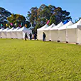 Row of white pop-up marquees with side walls set up outdoors on grass for a community event and market setup
