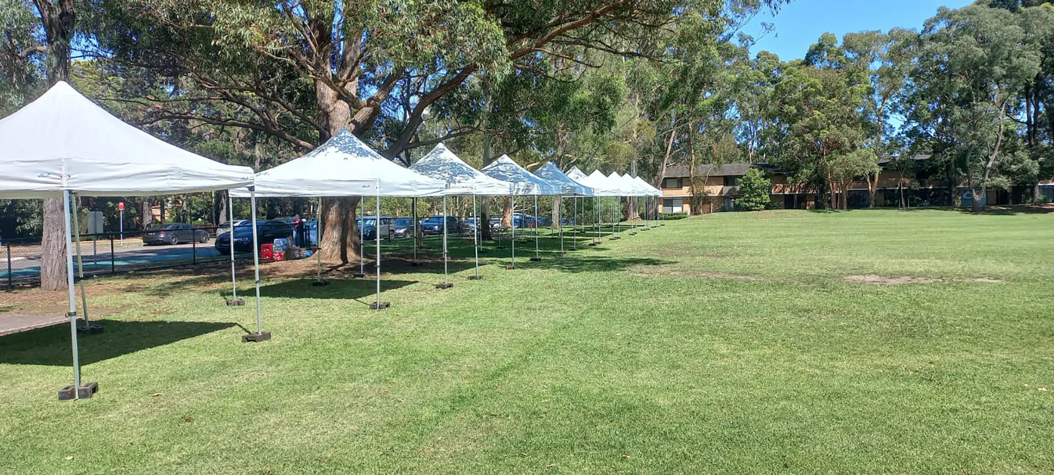 White pop up marquees set up in a row on a grassed outdoor area with trees, open lawn space and weighted frame legs