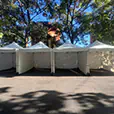 Row of white pop-up marquees with enclosed side walls arranged as outdoor market stalls beneath large trees