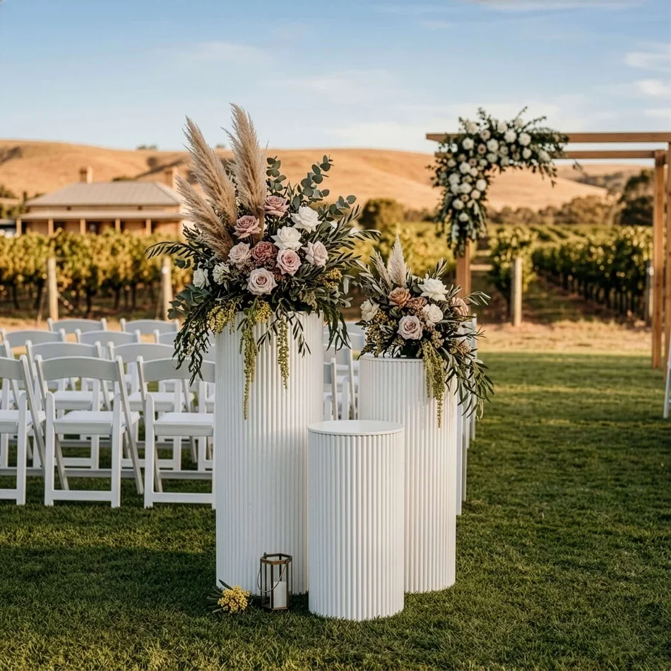 White ripple metal plinths supporting floral arrangements at an outdoor wedding ceremony