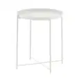 White round metal side table with a raised-edge tray top and slim legs, displayed on a plain background to show the product’s minimalist design.