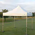 White three by three metre pop up marquee without walls set up on open grass with a peaked roof, slim frame legs and weighted feet