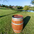 A close-up view of our walnut brown wine barrel for hire