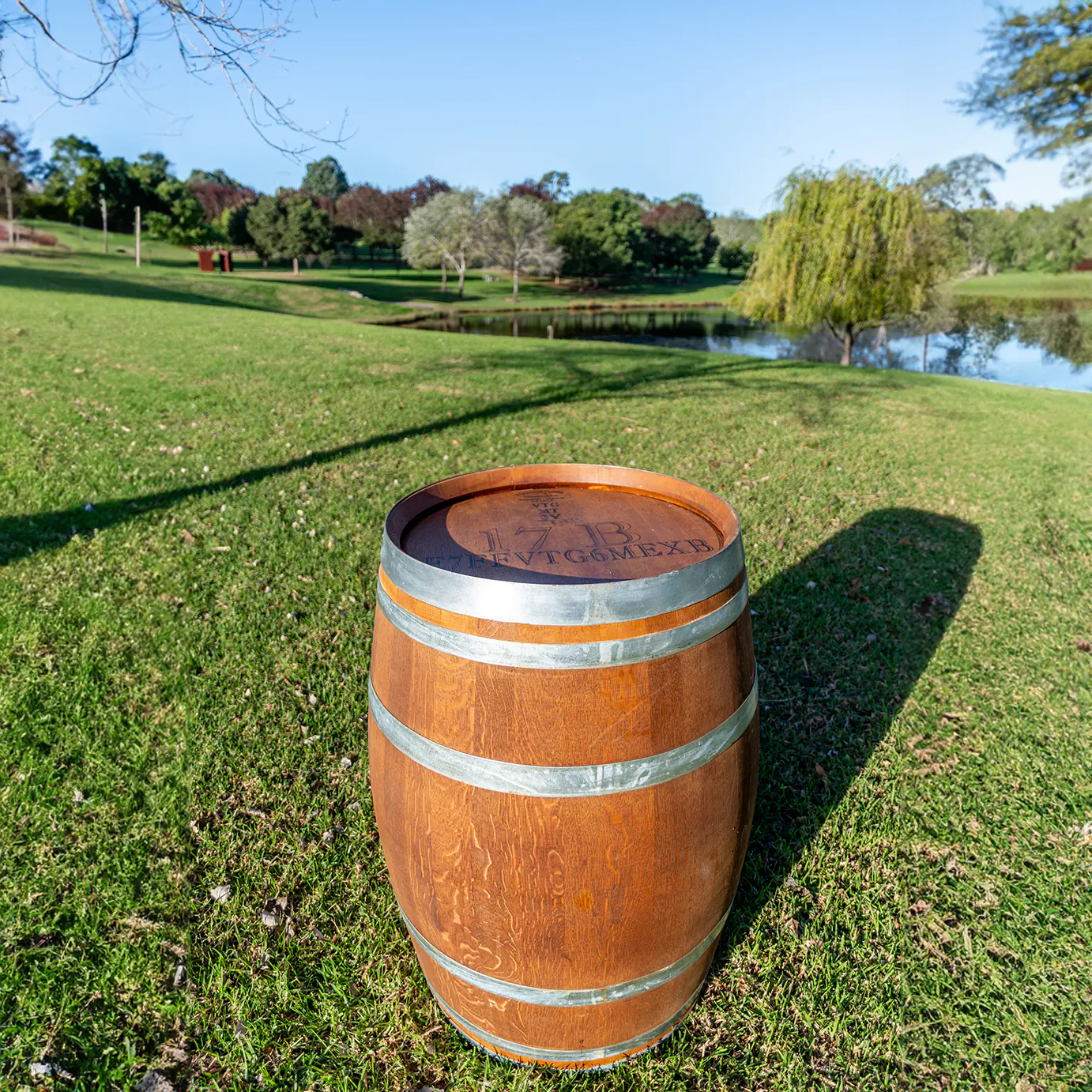 A close-up view of our walnut brown wine barrel for hire