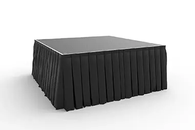 Black skirted event podium platform with a textured top surface, shown as a compact raised display stage on a white background